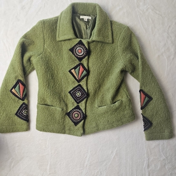 Carson wool sweater S/P beautiful snap sweater Patchwork earth tones vintage - Picture 1 of 12
